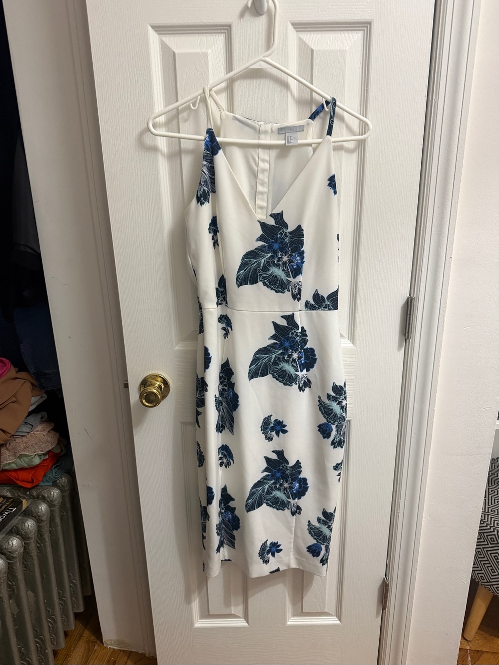 H&M White Midi Dress with Blue Floral Print